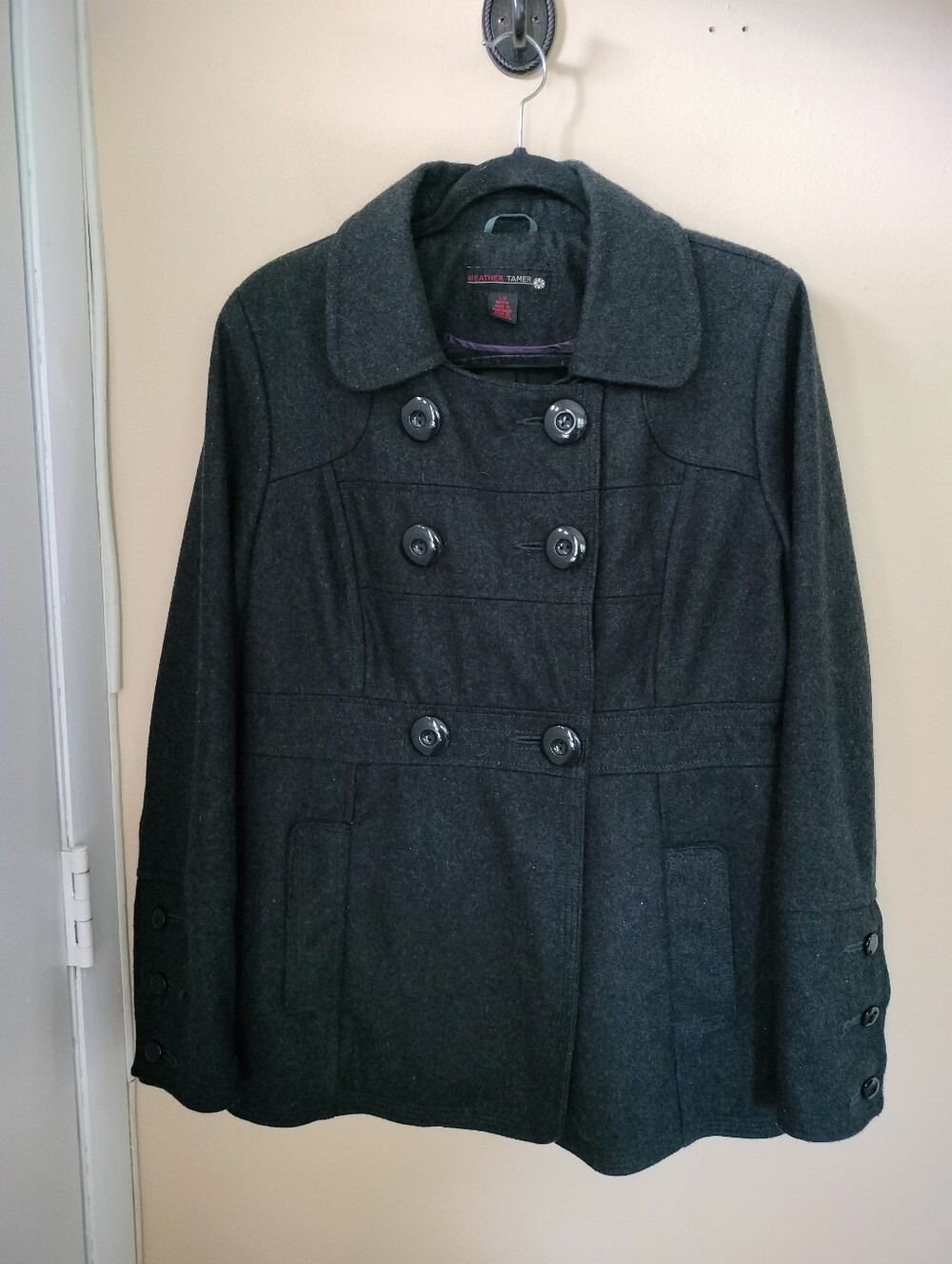 Weather Tamer Wool Blend Button Lined Double-Breasted Charcoal Gray Peacoat L